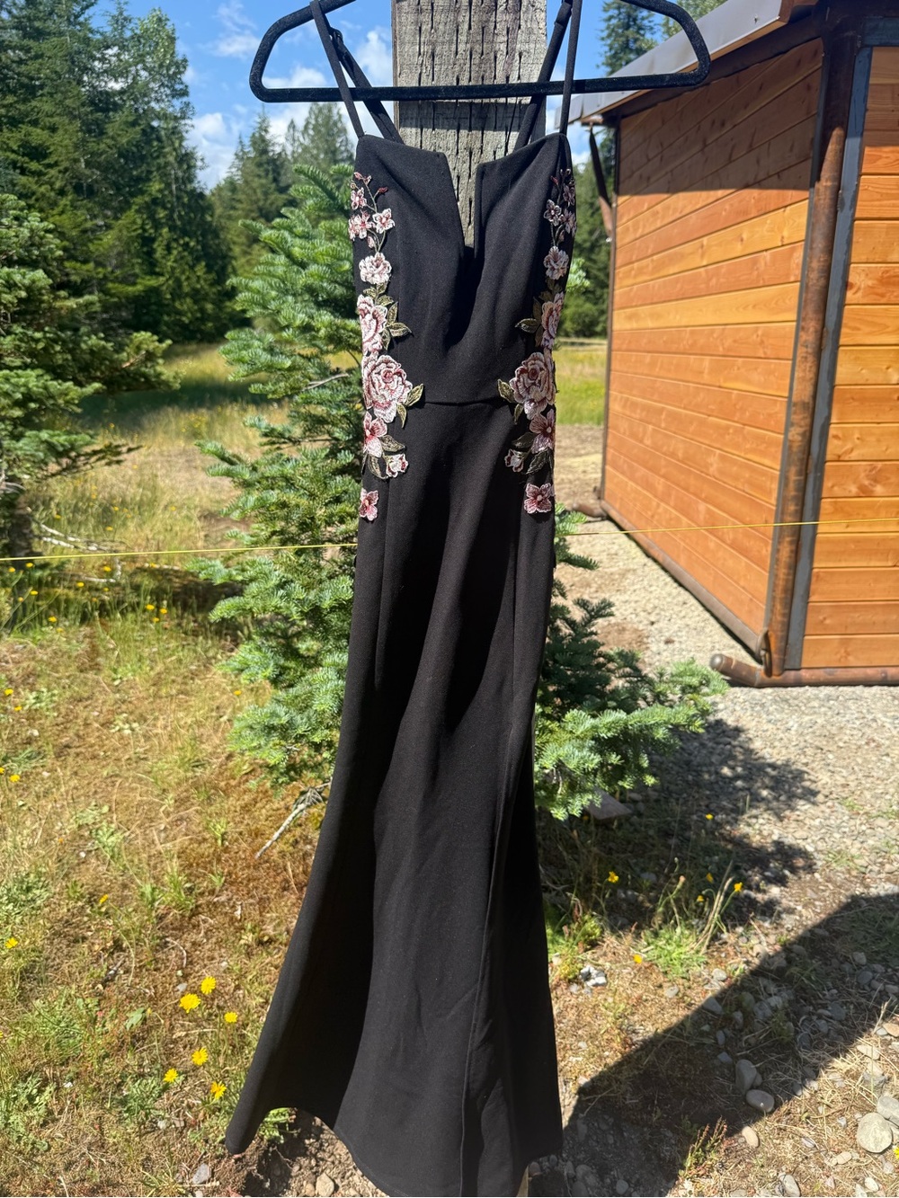 Windsor Black Maxi Dress with Pink and Cream Floral Embroidery
